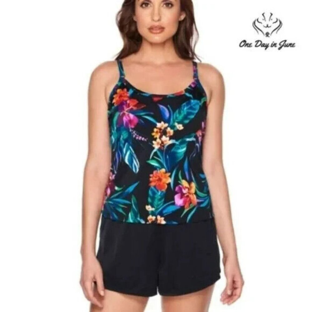 NWT Trimshaper Women's Floral Print One Piece Swimsuit Romper sz 32W